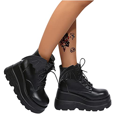 Womens High Platform Goth Ankle Booties Wedges Chunky High Heel Round-Toe Lace Up Punk Combat Boots For Women (A-Black,7) #TOP3