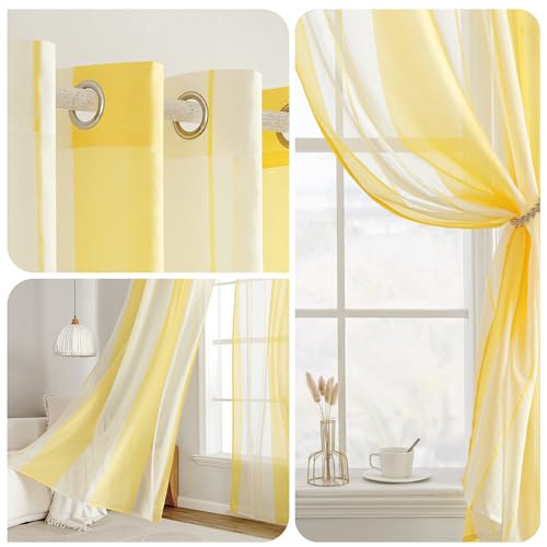 MIULEE Gardinen Gestreift Transparent mit Ösen, Voile Vorhänge Wohnzimmer Modern 2er Set, Vorhang Schlafzimmer Transparent mit Gelb Weiss Gestreift Muster, Vorhang Halbtransparent Streifen 140X225 cm