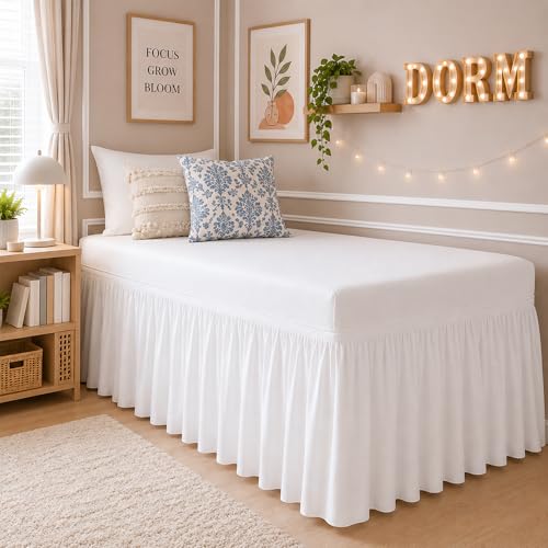 Cottingon Dorm Bed Skirt Twin XL 46 with Split Corners 100% Microfiber Soft and Stylish College Room Essential Extra Long Dust Ruffle for Extended Beds White