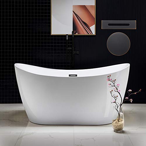 WOODBRIDGE 59" Acrylic Freestanding Bathtub Contemporary Soaking White Tub with Oil Rubbed Bronze Overflow and Drain,B0016 -ORB-Drain &O by WOODBRIDGE - Used condition - US$645.50