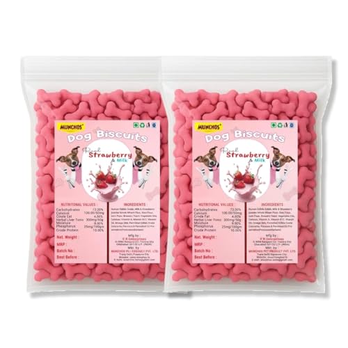 Image of Munchos Dog Biscuits Combo Pack 2kg (1kg + 1kg) | Strawberry & Milk | 100% Vegetarian & Natural Dog Treats | Healthy Crunchy Snacks for Dogs