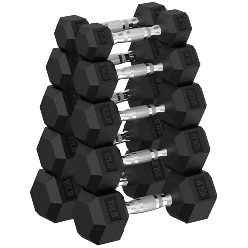 HANDBODE Hex Dumbbell 100 lb Set Pair of 5/8/10/12/15 lb Rubber Encased Dumbbells Strength Training Hand Weight for Workout & Exercise