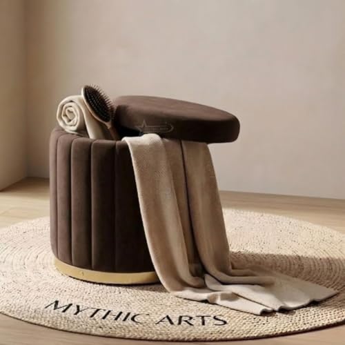 Image of Superior Round Storage Ottoman Stool with Gold Metal Base | Elegant Pouffe with Secret Storage | Cushioned Footrest for Living Room, Bedroom, and Lounge (Brown N, Small)