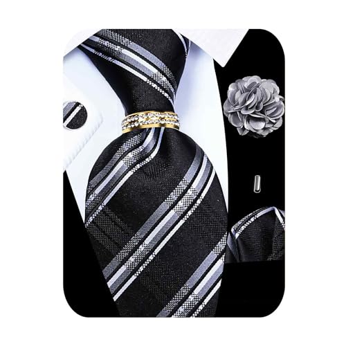 Image of 5PCS Mens Silk Tie, Pocket Square, Cufflinks, Drilled Tie Ring and Lapel Pin Set for Wedding Groom Party