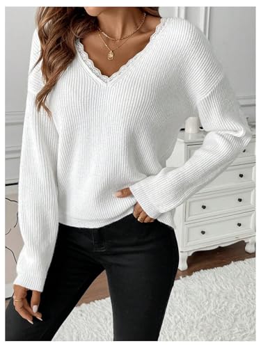 Image of GORGLITTER Women's Bow Knot Sweaters Lace Trim Long Sleeve Ribbed V Neck Sweater Pullover