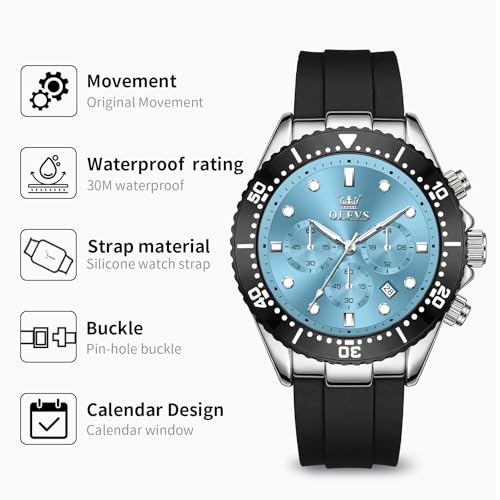 Image of OLEVS Men's Watches Sport Chronograph Analog Quartz Watch for Men with Date Waterproof Dress Casual Fashion Watch Soft Silicone Rubber Strap Band, Unidirectional Bezel & 42mm Big Face