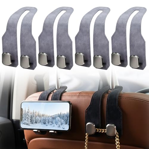 Image of Fauppt Headrest Hooks for Car Car Seat Hooks for Headrest,2026 Hooks for Purses and Bags Cute Car Purse Holder,Twinhook Leather Car Headrest Hangers Seat Back Organizers for Travel (Grey*4)