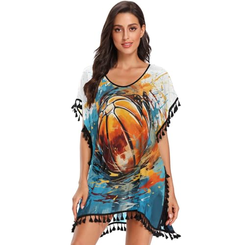 Blue Hand Drawing Basketball Women's Beach Cover Up Chiffon Tassel Swimwear Swimsuit Coverups for Girl