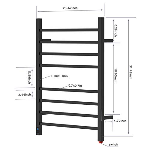 Heatgene Towel Warmer With Timer And Temperature Control, Electric Towel Warmer With 8 Square Bars, Wall-Mounted Electric Towel Rack With 8 Square Bars, Plug-In/Hardwired Towel Rails - Matte Black #TOP6