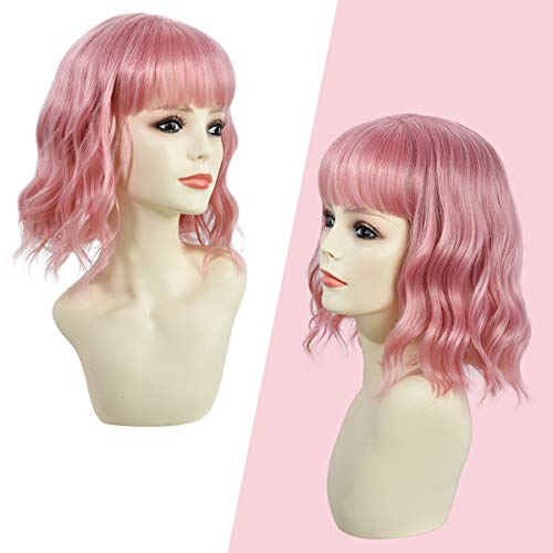 Image of Rose bud Wavy Bob Wig with Bangs Natural Pink Wig Synthetic Hair Shoulder Length Short Curly Wigs for Women
