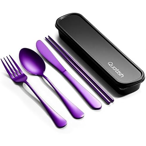 Quatish 5 Piece Travel Utensils with Case, Portable Cutlery Set, Purple
