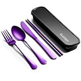 Travel Utensils with Case, Quatish 5 Piece Stainless Steel Silverware Set for Work, Portable Reusable Travel Cutlery Set, Fork and Spoon Set for Picnic, Camping, Gadgets, Lunch Box for Men, Purple