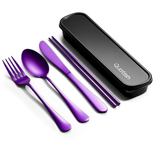 Travel Utensils with Case, Quatish 5 Piece Stainless Steel Silverware Set for Work, Portable Reusable Travel Cutlery Set, Fork and Spoon Set for Picnic, Camping, Gadgets, Lunch Box for Men, Purple