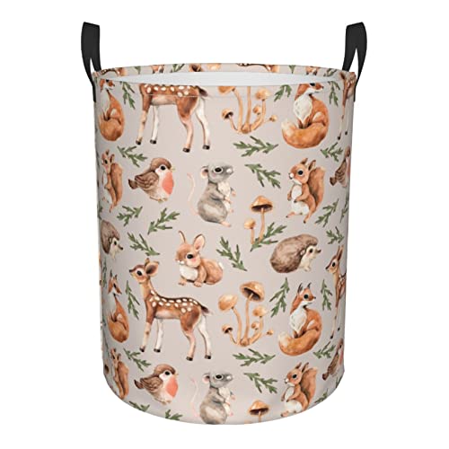 Image of Gbuzozie 62L Round Laundry Hamper Forest Little Animals Storage Basket Waterproof Coating Deer Squirrel Fox Hedgehog Bird Organizer Bin For Nursery Clothes Toys