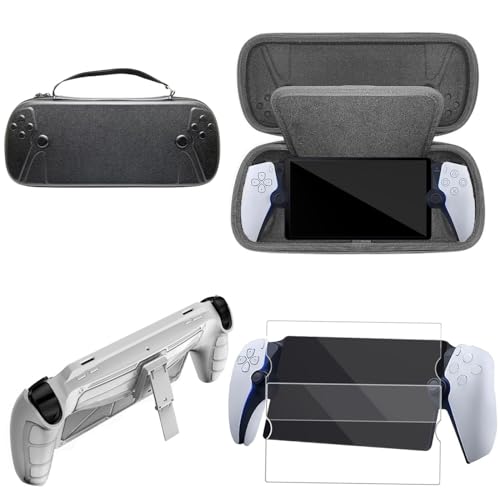 Carrying Hard shell bag Full protection Cover Case 2 Pack Tempered Glass screen protector 4 in 1 for SONY PlayStation Portal Remote Player Handheld PU leather Travel Protective set (P5PHC-0316)