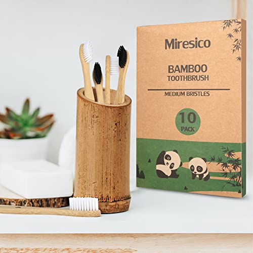 Miresico Bamboo Toothbrushes (10 Piece), Bpa Free Medium Bristles Toothbrush, Eco-Friendly, Natural, Green Tooth Brushes, Biodegradable, Compostable & Organic Charcoal Wooden Tooth Brush #TOP6