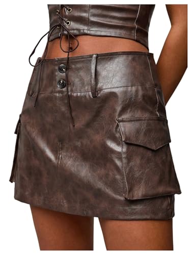 WDIRARA Women's PU Leather Cargo Skirt Retro Low Waist Button Mini Skirt with Flap Pockets