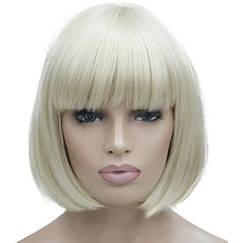 Lydell 8" Straight Short Bob Hair Flat Bangs Cute Central Dot Skin Top Heat Resistant Synthetic Wigs (614 Pale Blonde)