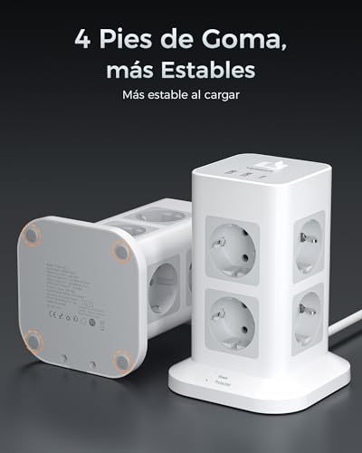 Miniatura 8 de Tessan Regleta Enchufes Multiple Proteccion Sobretension, Torre Enchufes Vertical 8 Tomas Con 1 Usb C, Alargador 2m, Regleta Usb Con Interruptor Para Casa, Oficina, 3600w, Gris