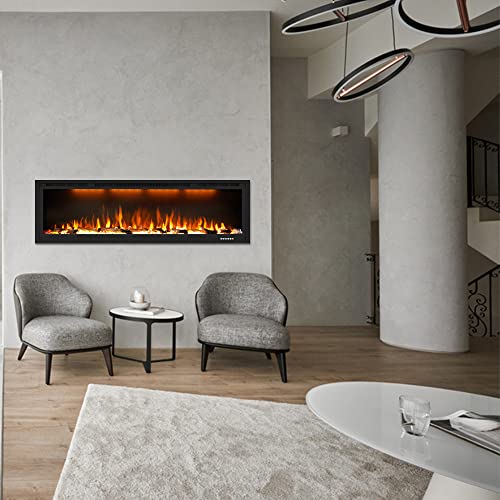 Dreamflame 60 Inch Electric Fireplace, Recessed And Wall Mounted Fireplace Heater, 750/1500W Thermostat With Remote Control, Realistic Flame Combinations, Black (60") #TOP5