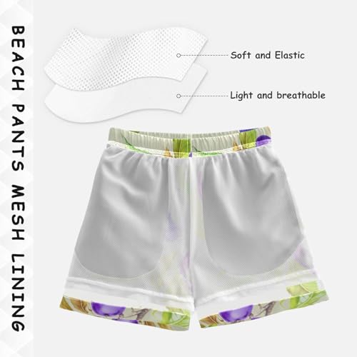 DOMIKING Plum Leaves Beige Kids' Swim Trunks with Mesh Lining Boys Swimsuits with Pockets for Swimming Hiking Quick Dry XS4
