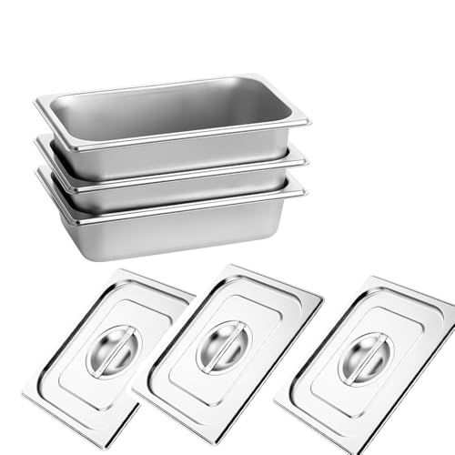 Panierschalen Set 3-Teilig, Edelstahlbehälter mit Deckel, Panier-Set aus Edelstahl, Schale zum Panieren, Ideal zum Speisen und Chafing Dish, 32.5×17.6×6.5 cm