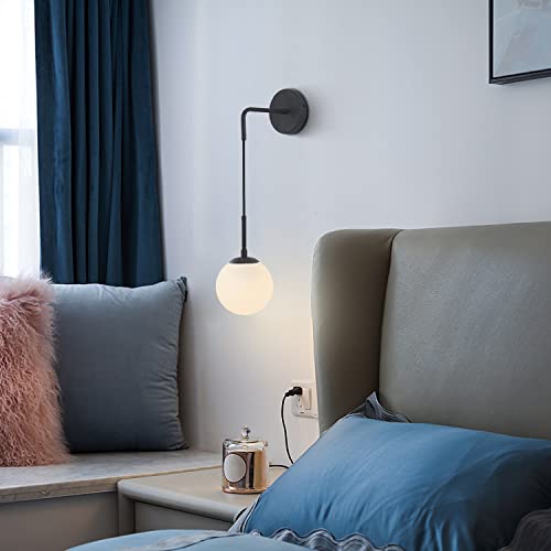 Image of BOKT Lighting Black 1-Light Frosted White Glass Wall Sconce Mid Century Modern Globe Ball Bathroom Wall Light Rustic Industrial Bedroom Bedside Wall Reading Lamp (Black+White)