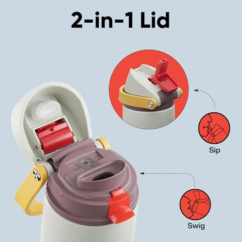 Image of Insulated Water Bottle with Straw - Encool Stainless Steel Water Bottle with Push Button Lid, Leak-Proof & BPA-Free, Keeps Cold for 24 Hours for Sports, Travel, Gym (24 oz, Quill Grey-Red)