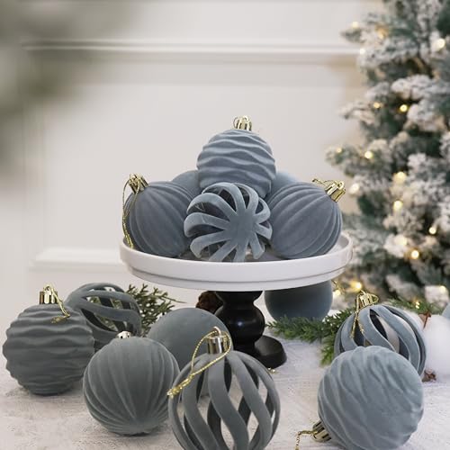 Image of 4inch Velvet Ornaments for Christmas Tree, 9 pcs Flocked Christmas Balls Set Assortment for Xmas Tree Holiday Decor