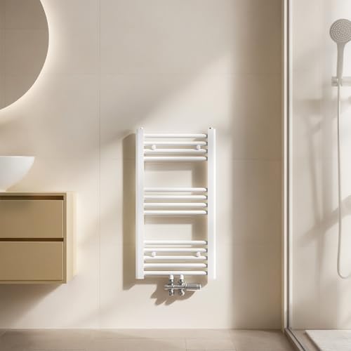 EMKE Toallero Eléctrico 750x400 mm, Radiador de Toallas de Baño, Toallero con Conexión Central, Radiador de Baño, Calefacción de Toallas, Blanco, 244W