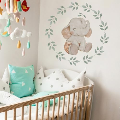Image of Baby Elephant Leaf Wreath Wall Sticker for Nursery - Large 48x48 cm Watercolour Elephant Botanical Wreath Wall Decal Peel and Stick Wall Art Above Cot Baby Bedroom