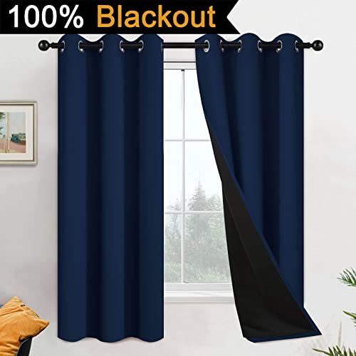 Image of Yakamok Navy Blue 100% Blackout Curtains 63 Inches Long 42 inch Wide, 2 Panels | Blackout Curtain Panels for Bedroom, 2 Thick Layers Grommet Top Thermal Insulated Drapes with Black Liner for Living Room