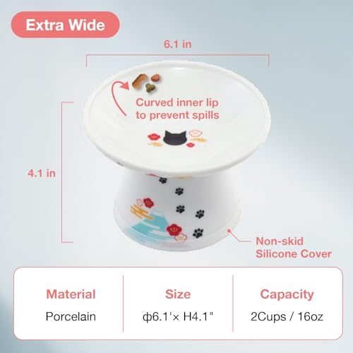 Necoichi Raised Cat Food Bowl – Ceramic Elevated Cat Bowl for Whisker & Neck Fatigue, Dishwasher Microwave Safe – Non-Slip & Anti Vomiting Ergonomic Design (Fuji, Extra Wide, 2-Cups Capacity). - Image 5