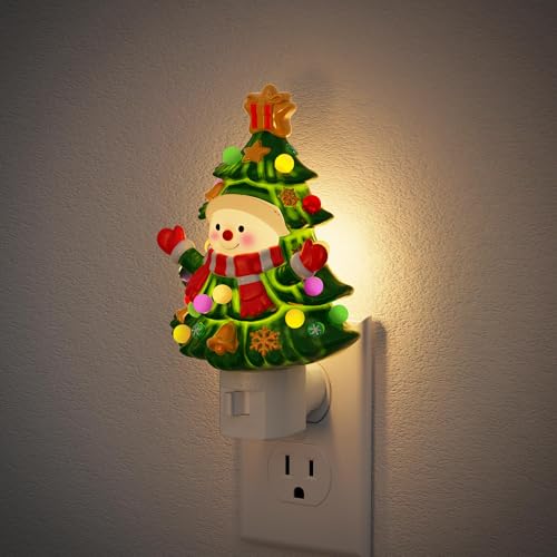 Image of JandCase Christmas Tree & Snowman Night Light | 3000K Night Lights Plug into Wall, Cute & Funny Ceramics Christmas Night Light, Kids, 360 Rotatable, Home Party Decor 1 Pack