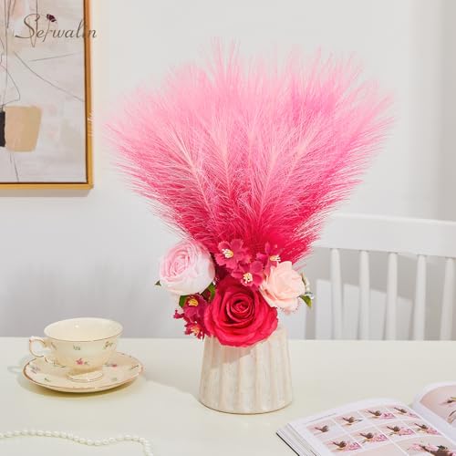 Image of Serwalin Gradient Hot Pink Pampas Grass Decor, 17.7 Inch 6pcs Faux Pampas Grass, Artificial Pampas Grass for Wedding Table Centerpieces Decoration