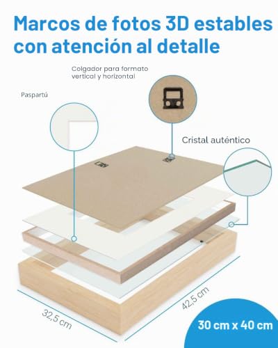 Miniatura 3 de Photolini 3d Marco De Fotos 30x40 Cm Para Rellenar, Natural, Marco Con Profundidad Para Objetos De Hasta 1,5 Cm, Madera Mdf Con Paspartú Y Cristal - Para Manualidades Y Como Regalo