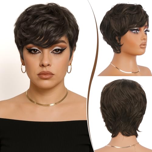 RUWISS Pixie Cut Wig Human Hair  Short Wigs for Black Women with Bangs, Natural Layered Wavy Wig, Glueless, 2#