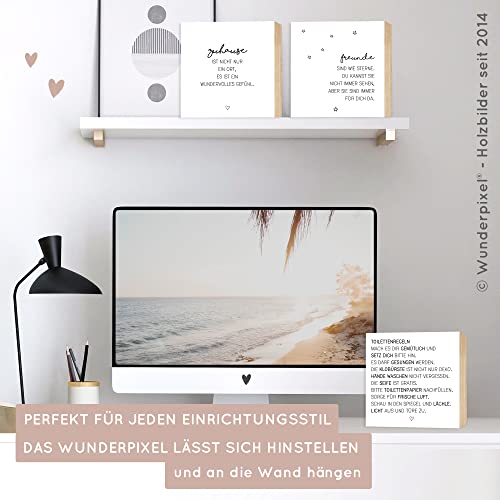Wunderpixel® Holzbild Toiletten-Regeln - 15x15x2cm zum Hinstellen/Aufhängen, echter Fotodruck mit Spruch - schwarz-weißes Wand-Bild Aufsteller Holz-Schild zur Dekoration Zuhause/Geschenk-Idee