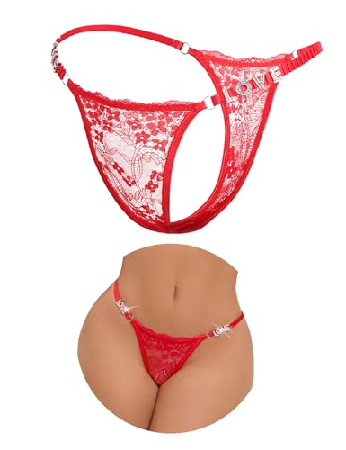 ohyeahlady Talla Grande Micro Tangas Ajustable Encaje Tanga de Hilo Cintura Baja Mini String Braguitas Brasileñas Elástica Bikini T Back Thong Bragas Ropa Interior Lencería Elegante Rojo,XXL