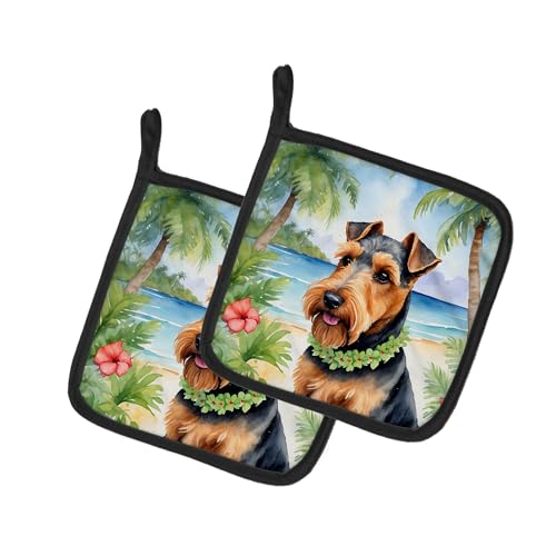 Caroline's Treasures Welsh Terrier Luau Pair of Pot Holders Kitchen Heat Resistant Pot Holders Sets Oven Hot Pads for Cooking Baking BBQ, 7 1/2 x 7 1/2