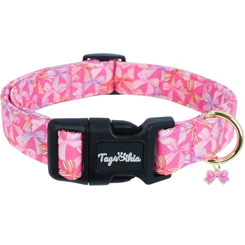 Tag4Oikia Dog Collars for Medium Dogs, Cute Hot Pink Dog Collar with Bow Print, Spring Summer Puppy Collar with Adjustable Buckle, Soft Cotton Pink Dog Collar for Medium Large Dogs-M