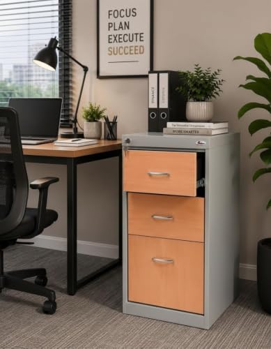 Image of Amazon Brand - Solimo 3 Drawer Steel Pedestal Cabinet | Lockable Powder Coated Filing Cabinet for Files, Documents & Stationery | Office Storage Unit (Light Grey, Pedestal with Levellers)