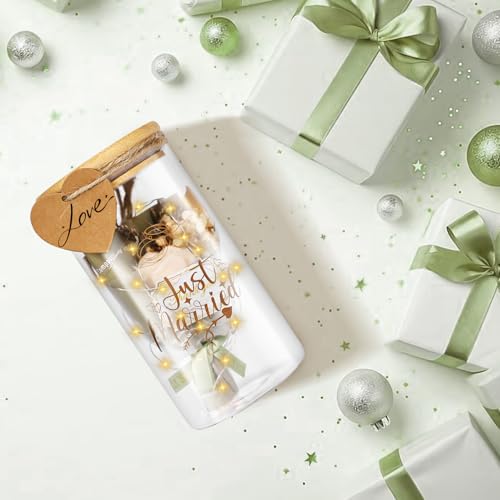 DUBUOZA Hochzeitsgeschenke für Brautpaar, Hochzeitsgeschenk Geld, LED-Flaschenlichter für Hochzeiten mit Trockenblumen und Anhängern, Just Married Hochzeit Spardose, Jungvermählte