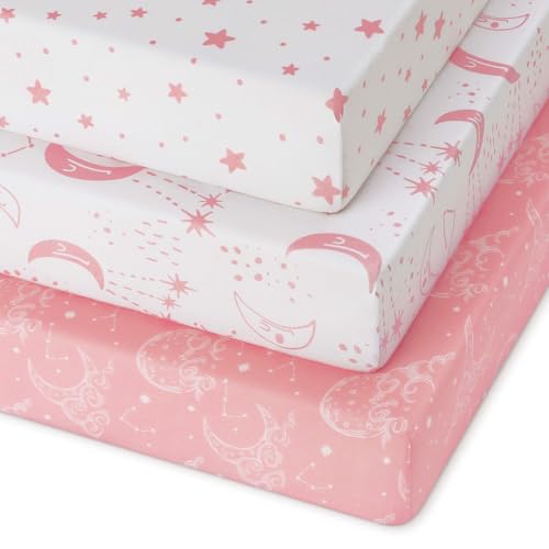 Image of Unnivoll Pack and Play Sheets Fitted 3 Pack, Mini Crib Sheets for Pack N Play Mattress Stretchy Portable Playard Sheets, Soft Breathable Pink White Moon