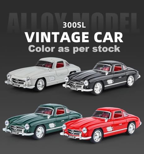 Image of 1:32 Scale Mercedes-300SL Toy Car - Classic Vintage Die-Cast Alloy Pull Back Vehicle with Lights & Music, Realistic Detailing Model for Kids, Boys & Collectors (Color As Per Stock)