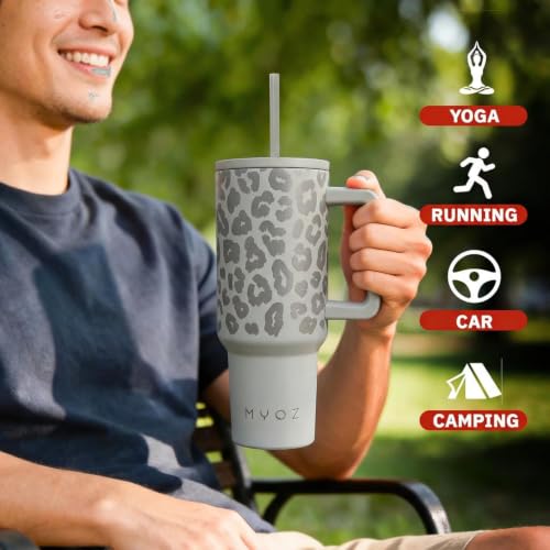 Image of MYOZ 1200ML Stainless Steel Water Mug with Handle, Lid, 2 Straws Leak-Proof Cupholder Tumbler for Gym, Travelling- Spill-Proof 40 oz Bottle (Beige Leopard)
