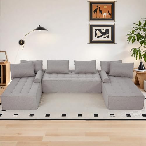 HOMREST 155” Large Modular Sectional Sofa, U Shaped Modular Couch, Deep Seat Cloud Sectional Sofa, Boneless Foam Sectional, Low Profile No Assembly Sofa for Living Room & Family Room (Grey)