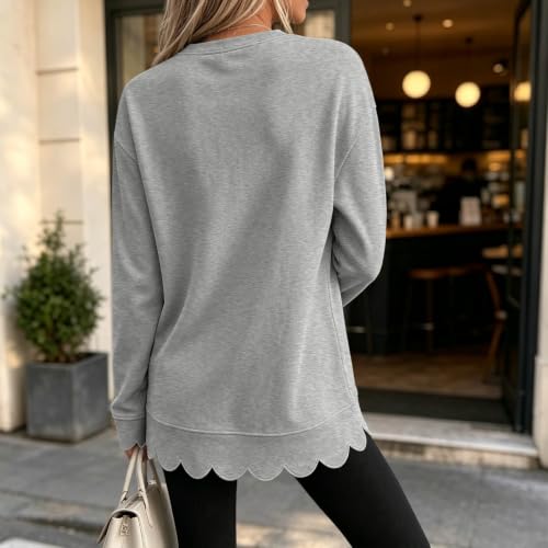 PXQIRMR Long Sleeve Tops for Women Crew Neck Scalloped Hem Pullover Gray - image 7