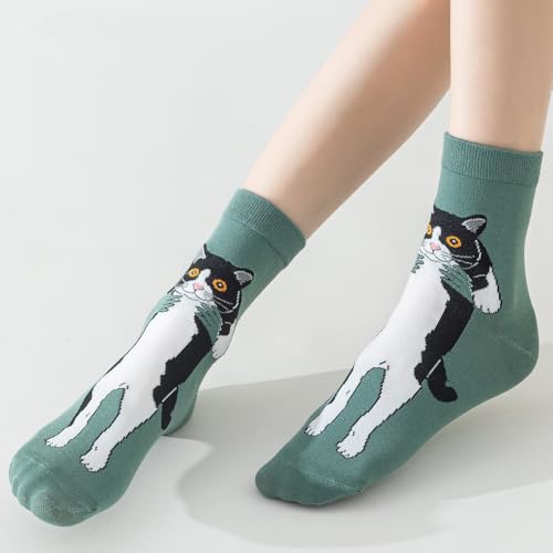 Image of 5 Pairs Cute Animal Crew Socks Fun Casual Cotton Calf Socks for Women (US, Alpha, One Size, Regular, Regular, Cartoon Cat)