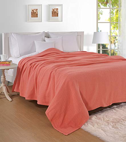 Shelter Cotton Blanket Full/Queen Soft Cozy Thermal Blanket, Ringspun Bed Blankets For All Seasons, Herringbone Weave, Warm Lightweight Perfect Luxury Layering - Coral (90"X90") #TOP3
